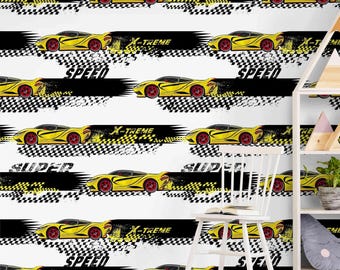 Super Speed Racing Car Wallpaper for Kids Room – Yellow Sports Car Wall Mural, X-Treme Racing Peel Stick or Traditional Wallpaper for Boys