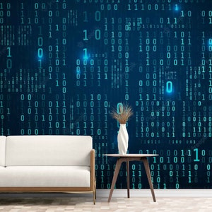 Blue Matrix Wallpaper of Random Numbers, Futuristic Sci-Fi Art Decor, Self-Adhesive Wallpaper - Custom Wall paper Sticker, Removable