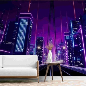 Cyber City Wallpaper Peel and Stick Wall Mural Purple Cyberpunk Art Decor Wallpaper Mural Custom Photo Wal paper Removable Mural Decal