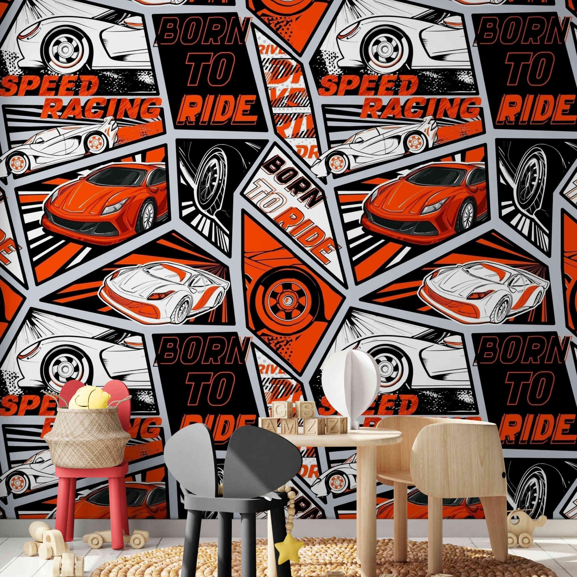 Born to Ride Race Car Wall Mural – Peel and Stick or Traditional Textured Wallpaper for Boys Room | Custom Speed Car Wallpaper for Kids