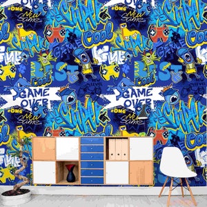 cartoon graffiti wallpaper, game room decor, blue graffiti mural wallpaper, urban wall art, graffiti art style, interactive wall decor