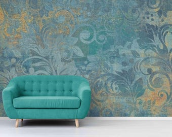 Vintage Damask Wall Mural Peel and Stick Teal Blue Wallpaper, Ornate Shabby Chic Floral Wall Art Classic Victorian Bedroom Accent Wall Decor