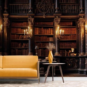 Dark Haunted Library Wallpaper with Whispering Books – Gothic Vintage Wall Mural – Peel and Stick Self-Adhesive or Classic Gothic Wallpaper