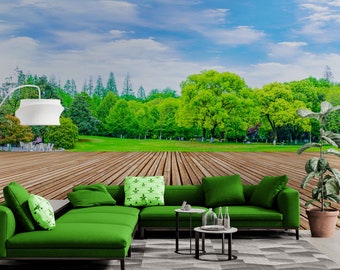 Lawn View 3D Wallpaper with Natural Green Lawn Wall Decor for Guest Room - Countryside Art Room Decoration, Pre-Pated Wallpaper or Peelable