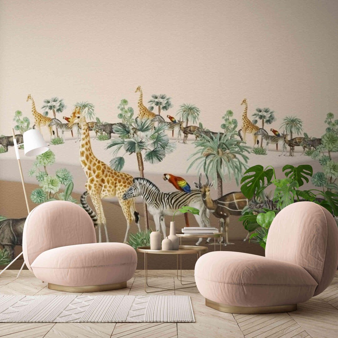 Safari Jungle Animals Wall Mural – Giraffe, Zebra & Parrot Peel and ...