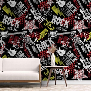 Rock and Roll Wallpaper Self-Adhesive for rock lover music room aesthetic collage, classic or peel and stick wallpaper for wall decor
