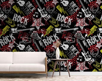 May include: A black and white rock and roll themed wallpaper with a repeating pattern of guitars, stars, lightning bolts, and the words "Rock Star" and "Soul".