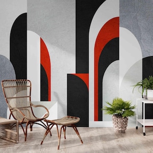 Geometric Abstract Wall Mural – Modern Art Wallpaper with Red, Black, and Grey Arch Design, Peel & Stick Wall Decor for Living Room, Bedroom