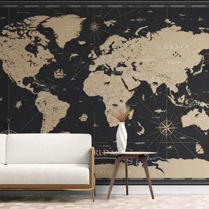 Vintage World Map Wallpaper – Peel and Stick or Classic Wall Covering | Antique Style Self-Adhesive Mural for Living Room or Office Wall
