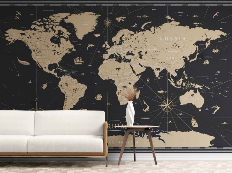 Vintage World Map Wallpaper: Peel and Stick Antique Mural - Etsy