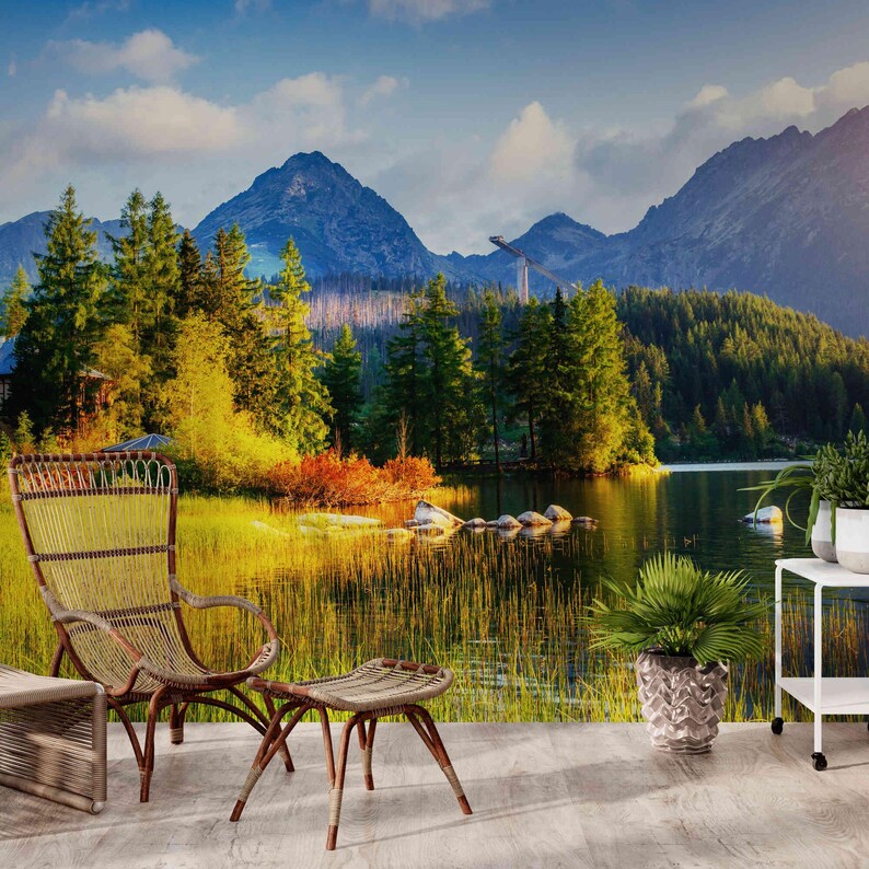 Mountain Lake Wall Mural: Peel and Stick Forest Wallpaper - Etsy