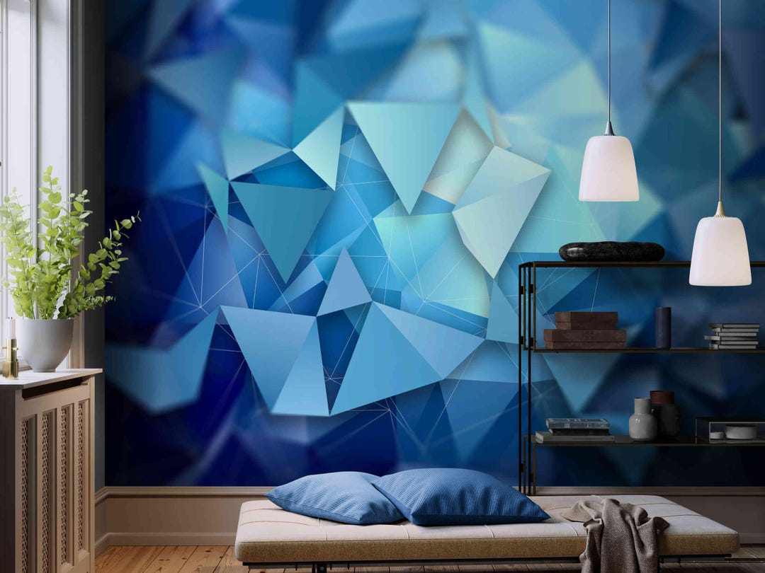 Blue Geometric 3D Wall Mural: Modern Polygon Peel and Stick Wallpaper ...