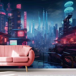 Cyberpunk Cityscape Wall Mural: Neon Skyline Peel and Stick Wallpaper
