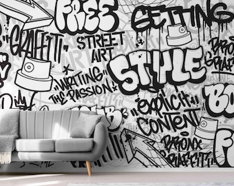 Black and White Graffiti Wallpaper: Hand-Drawn Street Art Peel and Stick Mural