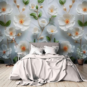 Elegant 3D White Flower Wallpaper Mural | Romantic Floral Wall Art for Bedrooms & Living Rooms | Modern Peel and Stick or Custom Sizes