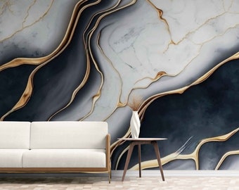 Luxury Black Gold Marble Wallpaper - Abstract Fluid Art Mural Decor for Living Room, Bedroom, Office: Accent Marble Wall Murals Decoration