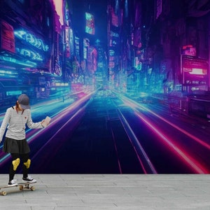 Cyberpunk City Wallpaper Mural: Blue Pink Light, Peel and Stick