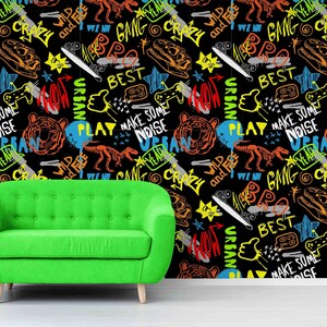 Cyberpunk City Graffiti Wall Mural – Neon Gaming Room Peel and Stick Self Adhesive Wallpaper – Futuristic Street Art Wall Decor