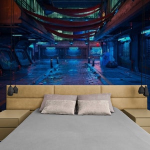 Cyberpunk City Wallpaper Mural: Neon Sci-Fi Peel and Stick Wall Decor