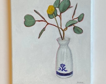 ORIGINAL oil painting - flowers in sake bottle