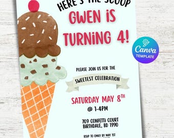 Ice Cream Birthday Invitation, Heres the scoop birthday, Editable, digital and printable canva template