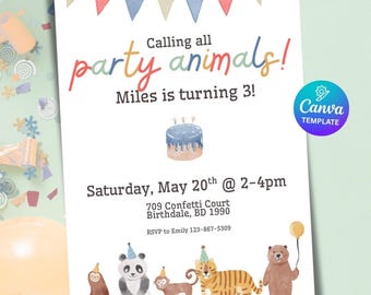 Party Animal Birthday Invitation: Woodland Animals Canva Template (Digital Download)