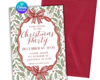 Holly and Bow Christmas Party Invitation | Watercolor Holiday Template (Digital Download)