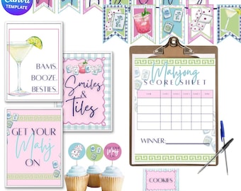 Mahjong Party Decor Pack | Printable Score Sheets, Banners (Canva Template)