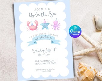 Under the Sea Pastel Birthday Party Invitation, Editable and Customizable Digital and Printable Template