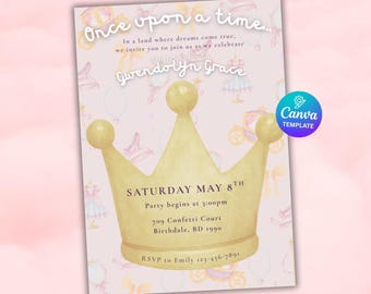 Princess Birthday Invitation | Watercolor Fairytale, Editable Canva Template