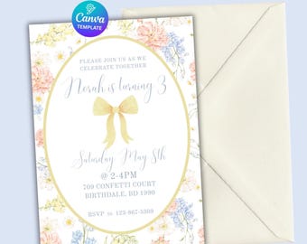 Pastel Floral Bow Birthday Invitation | Watercolor Girl’s 3rd Birthday Invite| Coquette soft floral cottage core