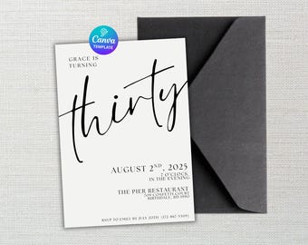 Minimalist 30th Birthday Invitation | Editable Black & White Template