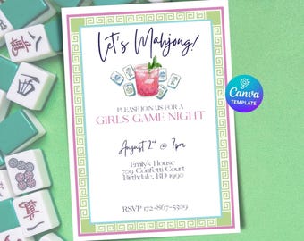 Mahjong Game Night Invitations, Southern Preppy Mahjong Party Invite Canva Template Digital File