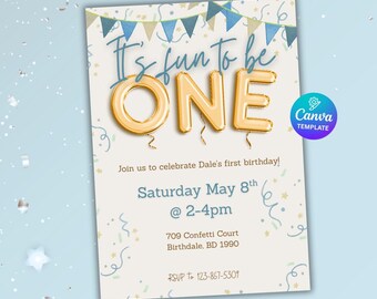 Balloon First Birthday Invitation: Boy Party, Editable Canva Template