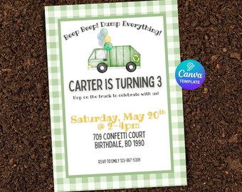 Garbage Truck Birthday Party Preppy Invite| Canva Template instant Download