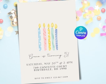 5th Candles Birthday Invitation, Fifth Birthday Party, Canva Digital template