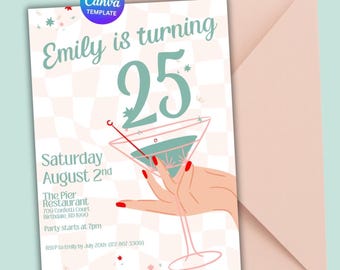 Retro Martini Birthday Invitation • cocktail Birthday Party Template • Editable Canva Invite