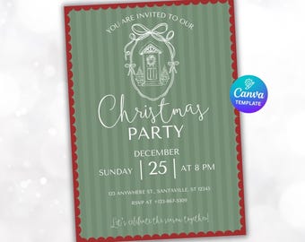 Classic Green Christmas Party Invitation | Holiday Front Door Design | Cozy Editable Canva Template | Printable Festive Invite