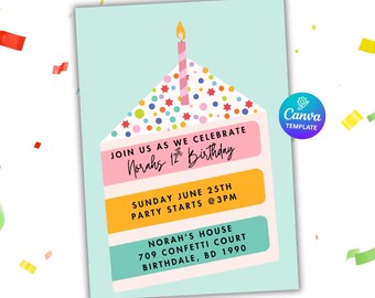 Cake Slice Birthday Invitation: Fun Confetti Party (Editable Canva Template)