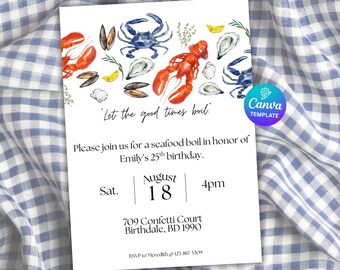 Seafood Boil Invitation: Watercolor Crab & Lobster (Canva Template)