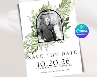 Green Floral Arch Save the Date: Customizable Canva Template (Digital & Printable Design)