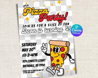 Retro Pizza Party Birthday Invitation: Editable Canva Template (Digital Download)