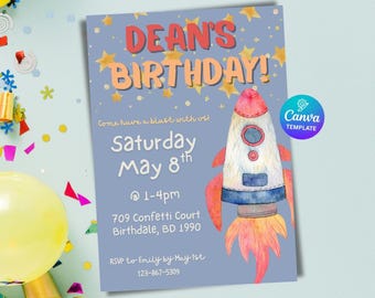 Rocket Space Birthday Invitation Digital and Printable Canva Template Customizable Birthday Invite
