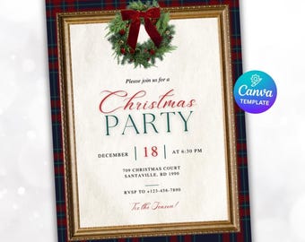 Classic Christmas Party Invitation | Tartan Plaid Holiday Invite | Ralph Lauren Christmas Inspired | Editable Canva Printable