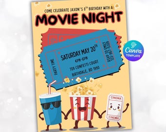 Movie Night Birthday Invitation | Editable Kids Party Template (Canva)
