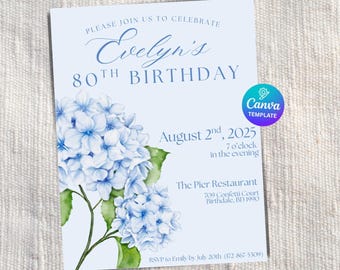 Blue Hydrangea Birthday Invitation - Elegant Floral Canva Template - Printable Invitation