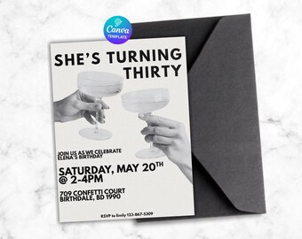 Retro Black & White Birthday Invitation • Vintage Film Print Party Invite • Editable Canva Template