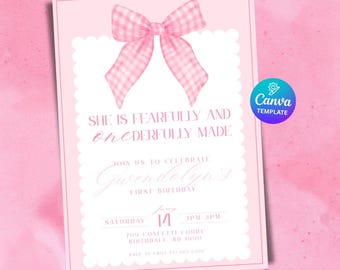 First Birthday Invitation: Pink Gingham Bow, Scalloped Design (Canva Template, Digital Download)