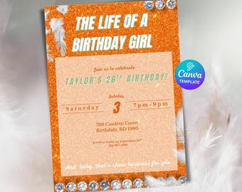Showgirl Birthday Invitation: Taylor Swift Party, Orange Glitter (Canva Template Digital Download)