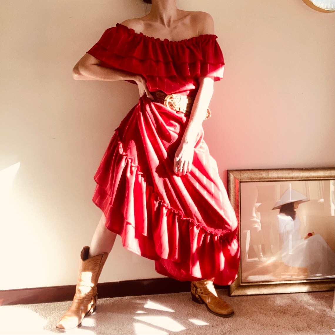 Vintage // 70s // Ruffle// Maxi Dress //Bardot Style // U.K. L image 1